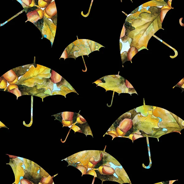 umbrella silhouette of a autumn leaves of oak fall and falling autumn leaves, oak leaf, on the black background seamless pattern illustration