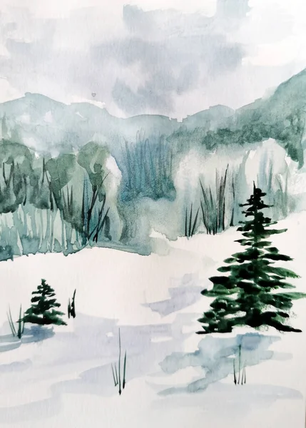 winter watercolor landscape with a Christmas tree in the foreground