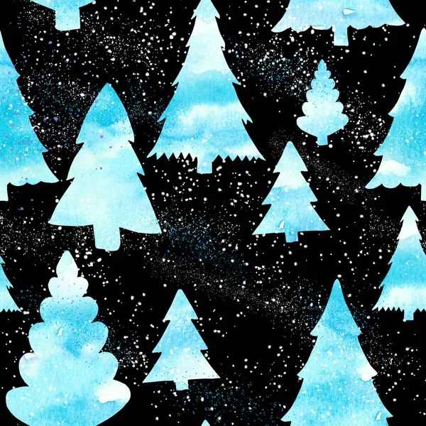Sziluettek Égszínkék Karácsonyfa Egy Fekete Háttér Szezonmentes Minta Digitális Papír — Stock Fotó