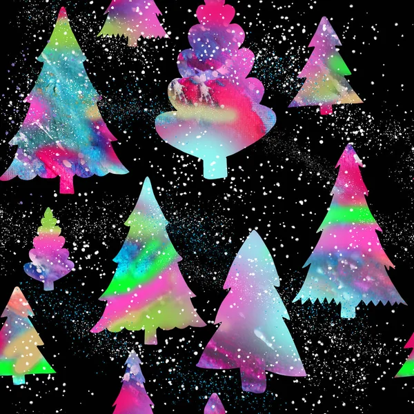 Christmas tree silhouette of a bright galaxy against the black sky seamless pattern illustration, digital paper