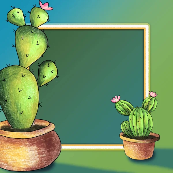 Cornice Decorativa Cactus Una Pentola Disegno Matite Colorate Mano Schizzo — Foto Stock