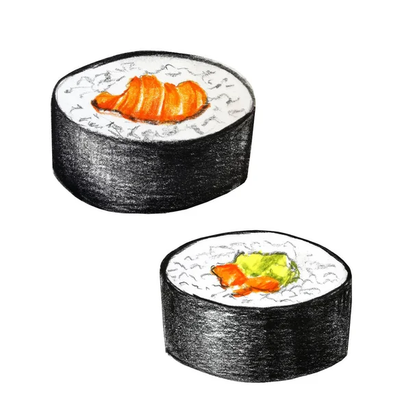 Sushi Rolls Asian Cuisine Drawing Colored Pencils — Stock Photo, Image