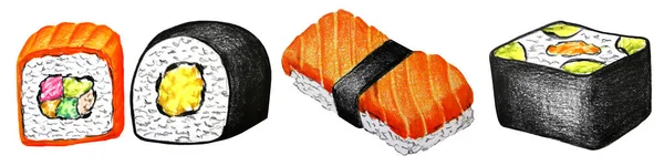 Sushi Rollos Banner Cocina Asiática Dibujo Con Lápices Colores — Foto de Stock