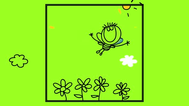 白いふわふわの雲の下の晴れた日にカラフルな花で庭を飛んでいる2人の子供の体で幸せな蜂のフレームの中にかわいいシーンを形成する要素の動き — ストック動画