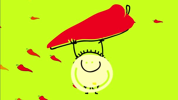 Animation linéaire de mise à l'échelle de l'homme heureux Choisir le plus grand des nombreux piments rouges flottant sur le fond derrière lui suggérant qu'il aime les sauces épicées sur chaque repas