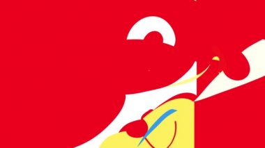 Çerçevenin içine farklı şekil ve renkler çizilmiş, kırmızı burun asimetrik kulakları ve şaşı gözleriyle yüzünün yarısını gösteren ve gülümseyen bir ayının Bahar Ölçeklerini Zıpla ve kaydır