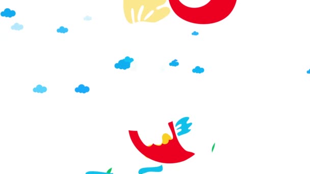 Animation de mise à l'échelle linéaire d'oiseau coloré vibrant avec une attitude positive et un visage heureux chevauchant une branche à travers les nuages avec style et facilité suggérant que c'est un patineur expert des arbres