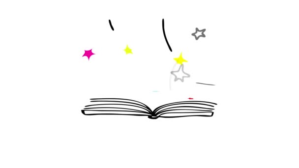 ページから出てくる成長している星とオープンブックを形成する要素の動きそれは子供の想像力を刺激する神秘的で魔法の要素を持つウィザードについてのファンタジーストーリーが含まれていることを示唆しています — ストック動画