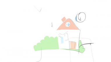 Torunları ve genç ebeveynleriyle bağ kurma emri veren bahar elementleri ağaçlarla çevrili konforlu bir evin önünde gülüyor ve güneşin altında mutluluklarını gösteriyor.