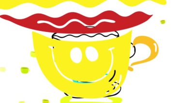 Ev yapımı Mocha bardağının doğrusal ölçeklendirilmesi. Sıcak bir yüzle süslenmiş ve mikrodalgada çabucak ısıtılan ve arkasında bir reklam olduğunu öne süren küçük kopyaları olan mutlu bir yüzle.