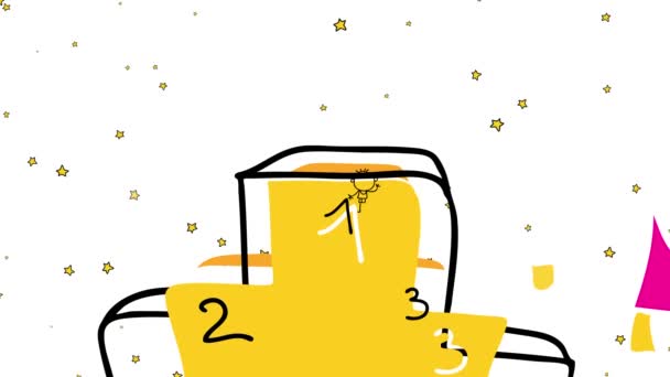 競争力のあるレースの勝者のためのビッグお祝いの線形スケーリングアニメーション背景色でちらつき小さな光沢のある星と黄金のトロフィーホームを取って表彰台に立って — ストック動画