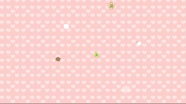 ピンクハート柄の双子の兄弟姉妹のためのベビーシャワー招待カードの春の効果アニメーションでスライド子供の顔を持つ花と中でトリミングされた紙の雲と背景 — ストック動画