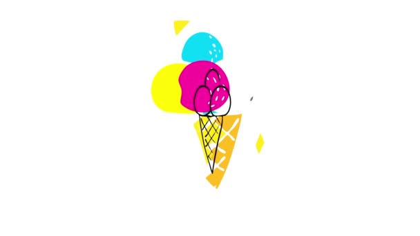 三块冰淇淋在一个菜鸟圆锥上的春季爆裂运动 代表甜的夏季甜点 为喜欢糖的人带来新鲜而美味的奶油香味 — 图库视频影像