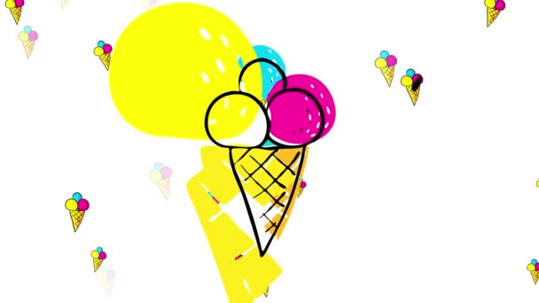 冰淇淋线性缩放动画宣传多筒奶油味道鲜美味道具从一个代表爱甜食的大筒后面滑落 — 图库视频影像