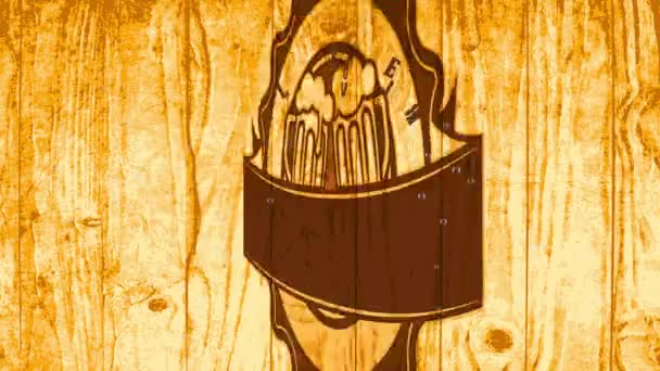 オクトーバーフェストのクラフトビール醸造所ビストロ グリーゼの慣性バウンスとスピンアニメーション木製のテーブルの背景に刻まれたサイン — ストック動画