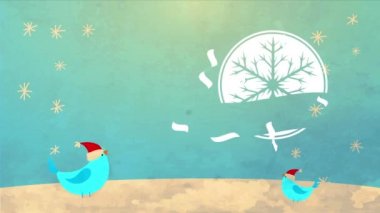 Dönen ve zıplayan elementler Xmas ve Yeni Yıl 'ı oluşturur. Arkaplandaki kar tanelerinin gün batımında kuşların üzerine düşmesiyle oluşan karton amblemlerle.