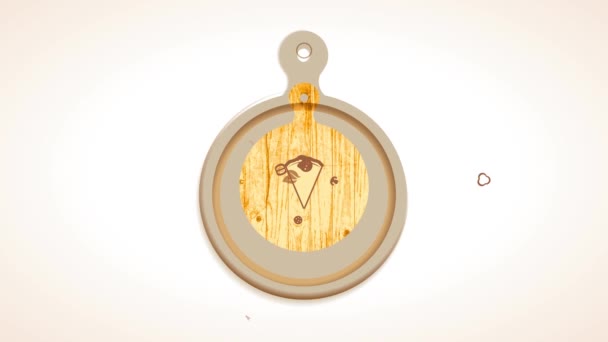 用逼真叶子在木板上的比萨片图形构成意大利风味披萨广告元素的运动 — 图库视频影像