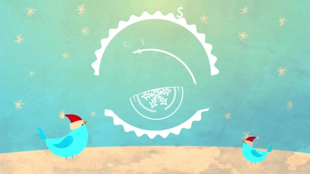 Kış Gecesi Gökyüzü Altında Noel Baba Şapkaları Giyen Kuşlarla Noel — Stok video