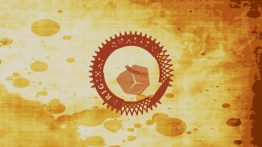 Kağıt kesimi amblemi ve lekeli kağıdın üzerinde çikolata parçasıyla kaliteli kakao tozunun doğrusal sekmesi ve döndürme animasyonu