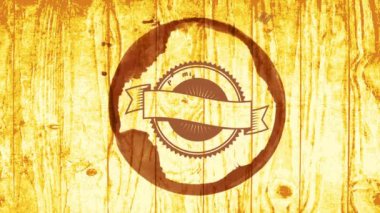 Tahta zemin üzerinde Retro Yuvarlak İkon Kupa lekesiyle% 100 Premium Kaliteli Kahvenin Bahar Sıçrayan Kaotik Hareketi