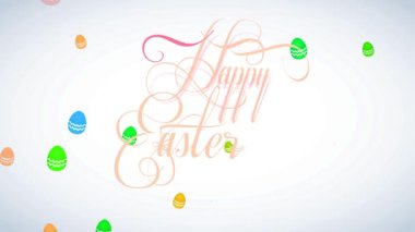 Mutlu Paskalya tebrik kartının atalet sıçraması ve döndürme animasyonu. Saten gül ve yeşil el yazısı. Çerçevelenmiş yumurta kabuğu ve madalyayla süslenmiş.