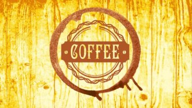 Çikolata lekesi ve işlemeli ikon işlemeli ahşap desenli arka plan ile İlkbaharda Sıçrayan Kaotik Kahve Dükkanı Reklamı