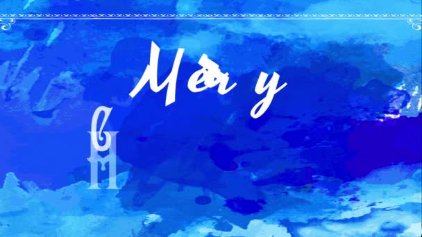 春と暗い青の水の色の背景に白い古い流行のタイポグラフィで書かれたメリークリスマスと冬の休日のサインの運動をスケーリング — ストック動画