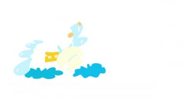 Büyük katmanlı kanatlı sarı bornoz giyen ve kabarık bulutların üzerinde duran, Tanrı 'nın yeryüzündeki insanlara yardım etmek için gönderdiği barışçıl yaratığı temsil eden basit elementlerin hareketliliği.