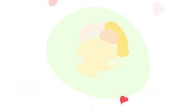 Sevgililer Günü 'nün Doğrusal Zıplama ve Döndürme Animasyonu. Aşk Kartı, küçük kalpler arasında yüzen ve tatlı bir şeyin onu cennete ittiğini söyleyen bir karakter.