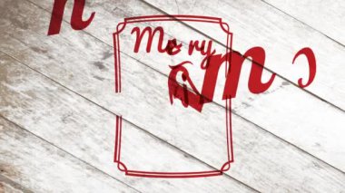 İlkbahar elementi Mutlu Noeller ve kırmızı çerçeveli ve ahşap zemin üzerinde el yazısı olan mutlu yeni yıl tabelası besteleme emrini taşıyor.