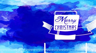 Atalet Sıçrama ve Döndürme Etkisi Sezonluk Tatil Animasyonu Mavi Suluboya Arkaplan Üzerinde Uçan Kurdeleli Beyaz Kare Kartlı Mutlu Xmas Selamlama Kartı