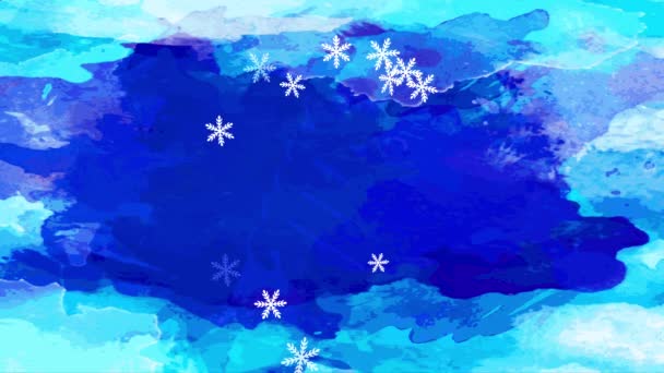 異なるサイズの文字と青の背景に小さな雪片で形成された詳細な白いアイコンで冬の販売記号を形成する要素の混沌とした動き — ストック動画