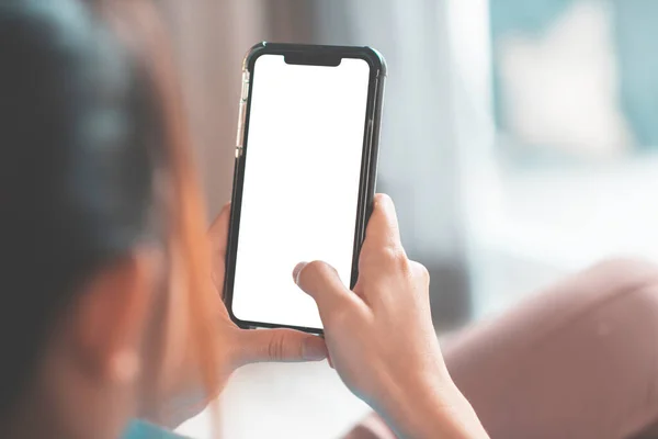 Mock Bild Von Hand Berühren Smartphone Mit Weißen Bildschirm Home — Stockfoto