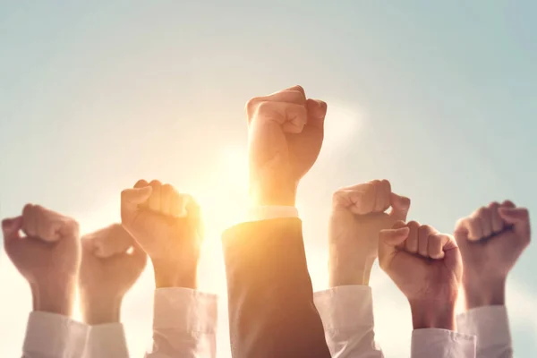 Hands Business Team Raised Fist Air Corporate Celebration Victory Success — Stock Photo, Image