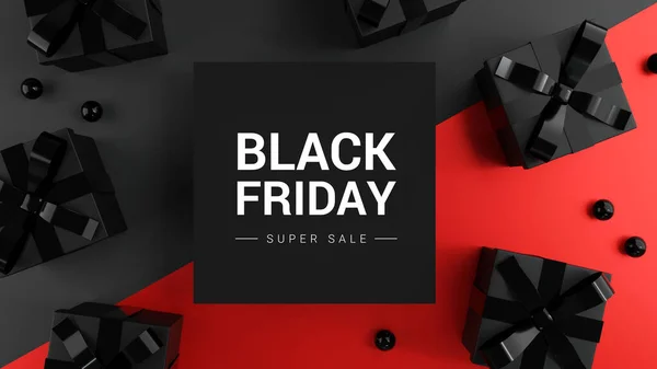 ブラック フライデー スーパーセール 暗さと赤の背景の現実的な黒のギフトボックス バナーポスター ヘッダーウェブサイト 3Dレンダリング — ストック写真