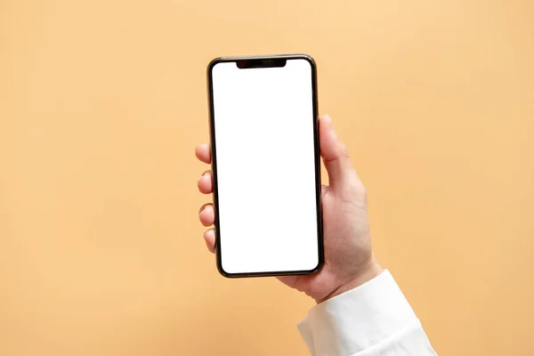 Smartphone Mockup Close Hand Holding Black Phone White Screen Yellow — Stock Photo, Image