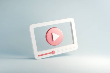 Sosyal medya, minimal video oynatıcı arayüzü mavi arkaplan, 3d oluşturma.