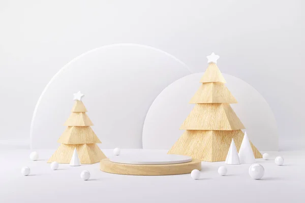 Tahta küp podyum ve Noel için asgari soyut arkaplan, 3 boyutlu geometrik şekil, ürün aşaması.