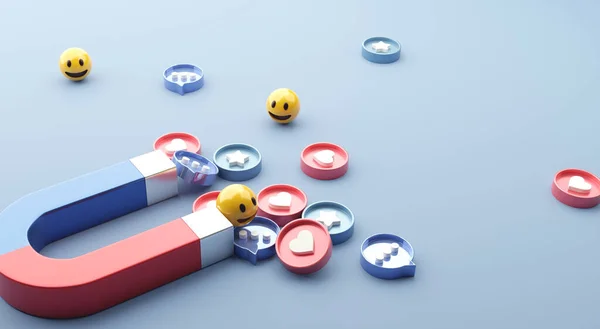 Sosyal medya pazarlama kavramı. Çekici (emoji, aşk gibi, yıldız gibi, yorum ikonu) dev bir mıknatıs ile, üç boyutlu görüntüleme. Boşluğu kopyala.