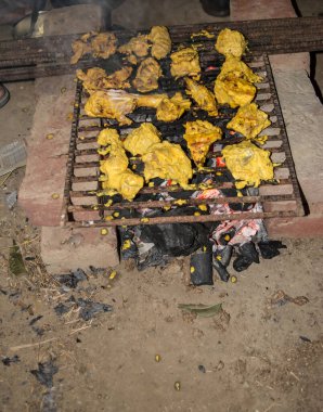 Kömürün üstünde ızgarada marine edilmiş tavuk. Izgarada tavuk eti parçaları..