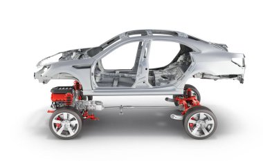 Vücut ve süspansiyon ile tekerlek ve motor şasi üzerinde beyaz izole ayrıntılı olarak bodycar ile otomobilin arka plan 3d