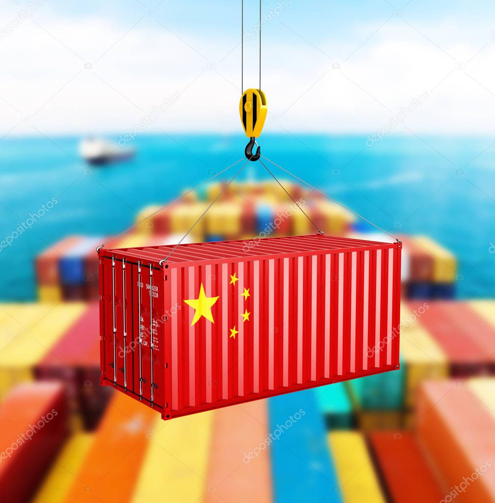 Cargo shipping container with the Chinese flag oncept of delivery from China on storage area background