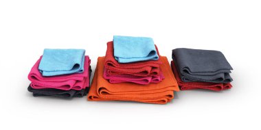 Yığın renkli havlu üstten görünüm üzerinde beyaz izole arka plan 3d