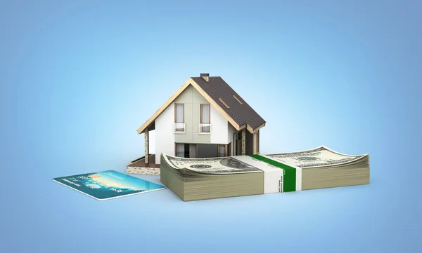 購入またはお金アメリカの 100 ドル札 青のグラデーションに分離されたクレジット カードのスタックで家を住宅のための支払の概念 の背景 — ストック写真
