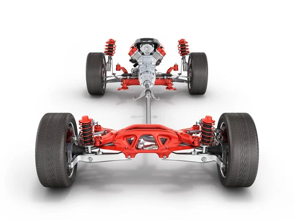 Süspansiyon arabanın ile tekerlek ve motor şasi üzerinde beyaz izole ayrıntılı arka plan 3d