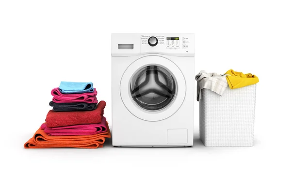 Begreppet Tvätta Kläder Tvättmaskin Med Färgade Handdukar Och Tvätt Korg — Stockfoto