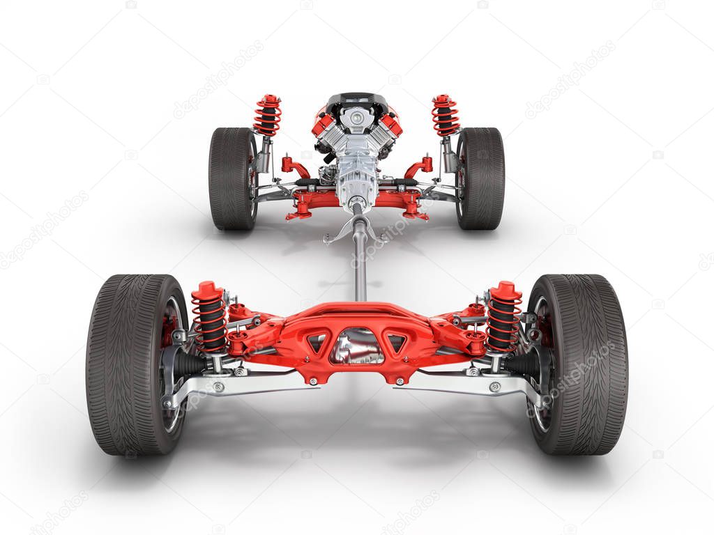 Suspension of the car with wheel and engine Undercarriage in detail isolated on white background 3d