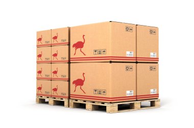 Ahşap palet üzerinde beyaz izole karton kutuları arka plan 3d