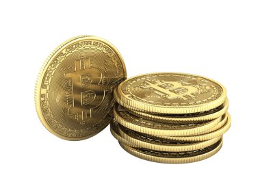 Paralar 3d izometrik fiziksel bit sikke altın dijital para birimi simgesiyle Cryptocurrency altın sikke yığını Bitcoin beyaz arka plan olmadan shado 3d render illüstrasyon izole