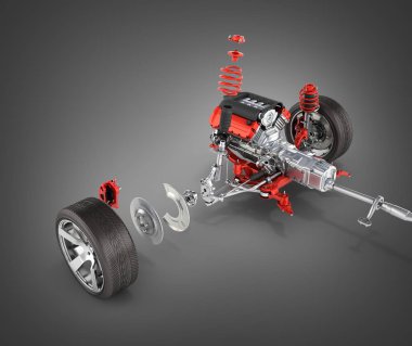 Süspansiyon arabanın ile tekerlek ve motor şasi üzerinde siyah degrade izole ayrıntılı arka plan 3d